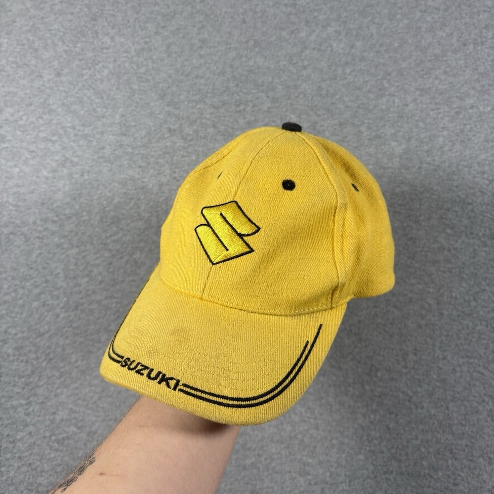 Vtg Suzuki Style Racing Hat Cap Adjustable Strapback Yellow Embroidered Moto Y2K